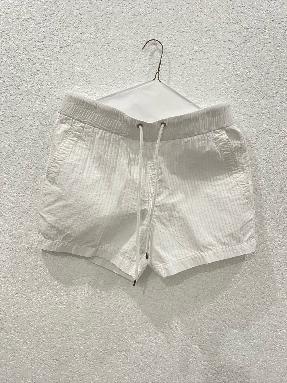 James Perse White Seersucker Drawstring Athletic Shorts